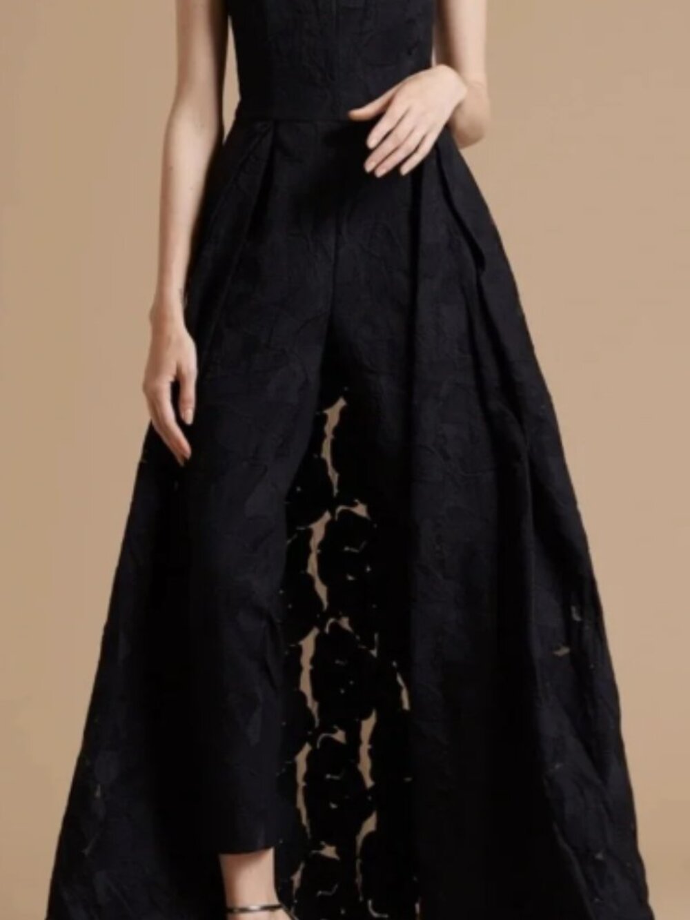 Halston Black Strapless Jacquard Jumpsuit Gown with Skirt Overlay Sz 4 - Picture 2 of 8
